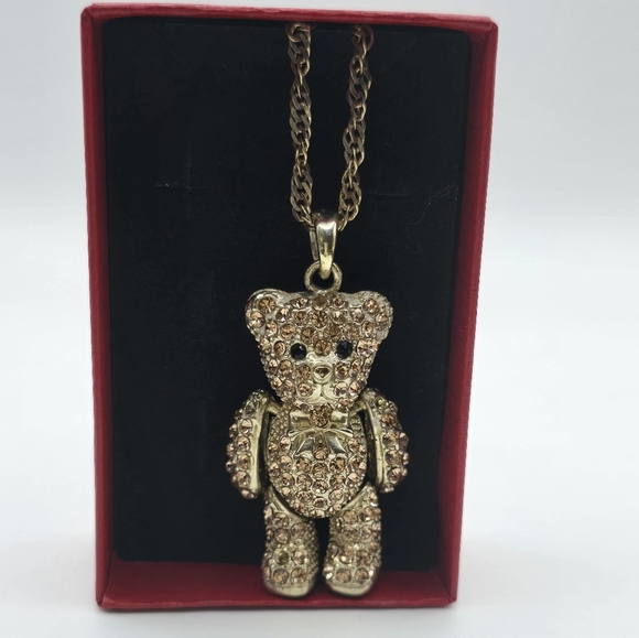 Black & Peach Crystal Gold Tone Teddy Bear Pendant On a 925 Gold Italy 18" Chain - Picture 3 of 5